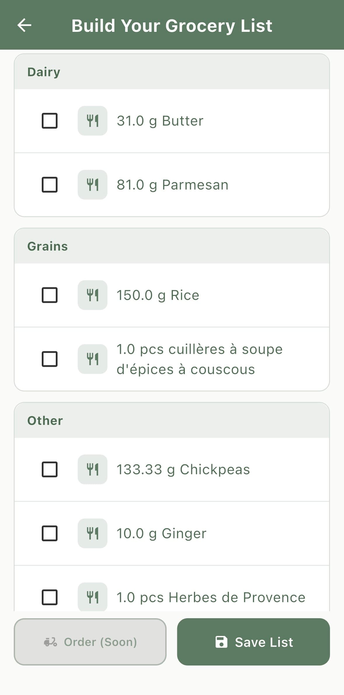 Generate smart grocery lists screen preview